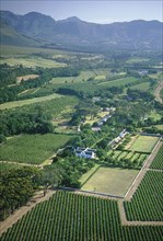 SOUTH AFRICA, Cape Province, Boschendal Estate Wine Estate.  Aerial view over vineyards and winery