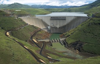 LESOTHO, Katze Dam, View over deep valley with dam and reservoir behind