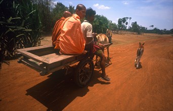 CAMBODIA, Religion, Monks sitting on a horse drawn cart