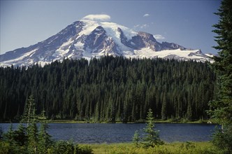 USA, Washington, Pierce, Mount Ranier snow covered peak above tree lined lake