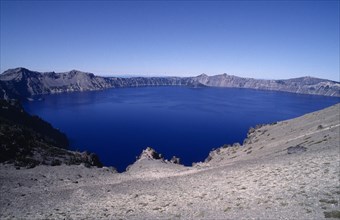USA, Oregon, Crater Lake National Park, View over water filled crater formed after the erruption of