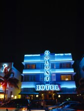 USA, Florida , Miami, South Beach. Ocean Drive Art Deco Buildings at night Colony Hotel with neon