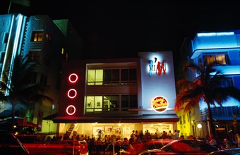USA, Florida , Miami , South Beach. Ocean Drive Art Deco Buildings at night Johnny Rockets
