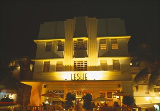 USA, Florida , Miami , South Beach. Ocean Drive Art Deco Buildings at night Leslie Building &