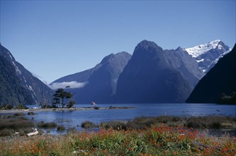 NEW ZEALAND, South Island, Milford Sound, View across the fjord to snow capped mountains