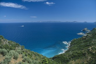 GREECE, Northern Sporades, Skolpelos, Aerial view coastline view to Alonissos