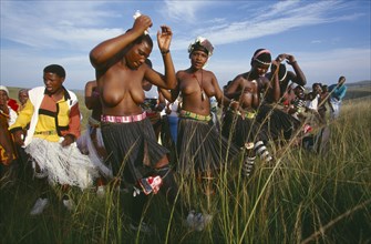 SOUTH AFRICA, KwaZulu-Natal , Melmouth, Zulu women dancing at coming of age ceremony.