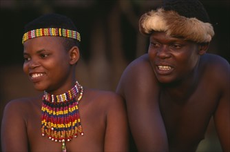 SOUTH AFRICA, KwaZulu Natal, Shakaland, "Zulu couple with traditional head wear, hers is an ujelasi