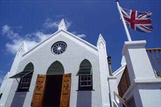 BERMUDA, St George’s Island, St. Georges, St Peters Church facade with open door and windows.