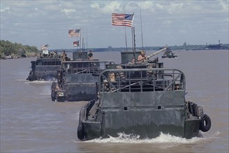 VIETNAM, Vietnam War, 1969, US Navy Tango armoured troop carriers in the Mekong Delta