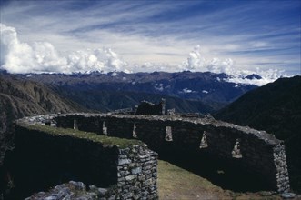 PERU, Cusco , Sayajmarca , Inca ruins on the Inca trail to Machu Picchu with views of the