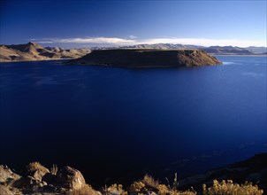 PERU, Puno Administrative Department, Sillustani, Lake Ayumara with island in the centre of the
