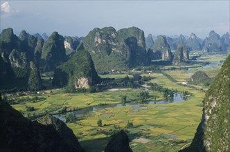 CHINA, Guangxi, Near Guilin , View from Moonhill with Karst limestone formations around the river