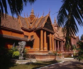 CAMBODIA, Phnom Penh, National Museum of Khmer Art and Archaeology.  Exterior and elephant statue.