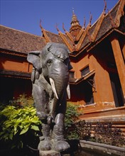 CAMBODIA, Phnom Penh, National Museum of Khmer Art and Archaeology.  Exterior and elephant statue