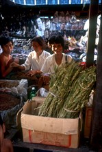 CAMBODIA, Phnom Penh, Woman selling Marajuana drugs in market by the docks area