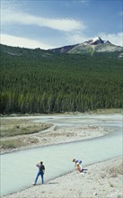 CANADA, British Columbia, Jasper National Park, Visitors beside river looking towards dense pine