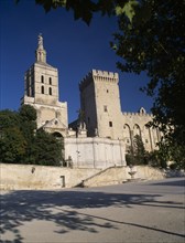 FRANCE, Avignon, Papal Palace, Tall towers with crenelations.