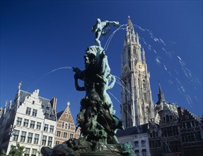 BELGIUM, Flemish Region, Antwerp, "The Brabo Fountain, tower of Our Lady's Cathedral & Main Square,