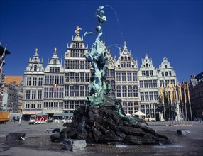 BELGIUM, Flemish Region, Antwerp, "The Brabo Fountain and north side of the Main Square, Grote