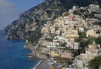 ITALY, Campania, Amalfi Coast, Near Positano. Elevated view towards hillside town buildings