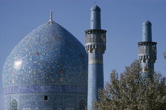 IRAN, Esfahan, Detail of Mosque dome and towers Esfahan  Isfahan