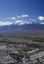 INDIA, Ladakh, Leh Valley , General view over the valley and River Indus with scattered buildings
