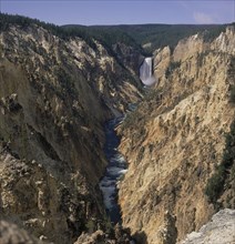 USA, Wyoming, Yellowstone , The Lower Falls waterfall seen from Artists Point as the river below