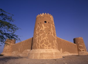 QATAR, Zubara, "View of walls and crenellated tower of a fort built in 1938 and used as a police