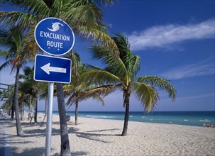 USA, Florida  , Fort Lauderdale, Storm Evacuation Sign on sandy beach near palm trees