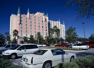 USA, Florida ,  Orlando , Pink Ornate Hotel seen from car park