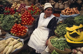 BOLIVIA, Sucre, Fruit and vegetable stall with women stall holder
