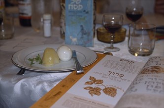 ISRAEL, Haifa , Passover, Plate of passover food on table