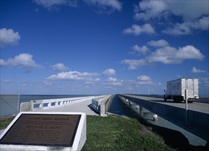 USA, Florida Keys, Seven Mile Bridge. Commemorative plaque with the Honorable Florida State