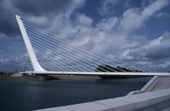 SPAIN, Andalucia, Seville, Puente del Alamillo Bridge over Guadalquivir River