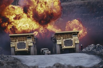 MEDIA, Film, Special Effects, Pyrotechnic over two large truck and a jeep