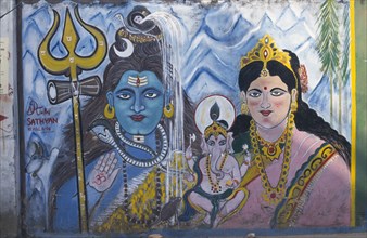 INDIA, Uttar Pradesh, Agra , Ganesh Shiva and Parvati mural.
