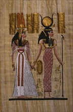 EGYPT, General, Papyrus painting with two figures Hathor on the right