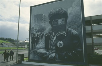 IRELAND,  North  , Derry, Nationalist mural depicting a boy wearing a Gas Mask on the Bogside.