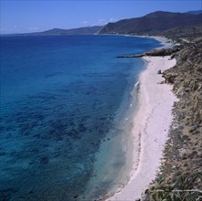 MEXICO, Baja California , Sur, Santiago near  Los Barries. vVew over sandy beach and blue sea