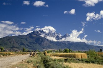 CHINA, Yunnan, Lijiang, Yalong Mountain with cart and people harvesting wheat in the foreground