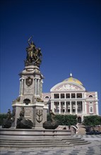BRAZIL, Amaozonas, Manaus, Opera House facade seen over square with central column with bronze