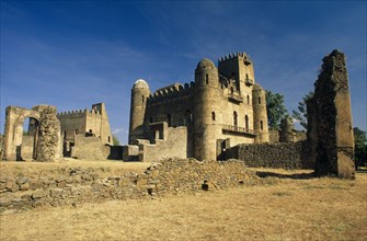 ETHIOPIA, Gonder, Ruins of Fasilides, Royal Enclosure at Fasils Castle. Stone fort with crumbling