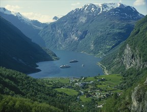 NORWAY, Romsdal, Geiranger Fjord, "View from mountain top,cruise ships,houses "