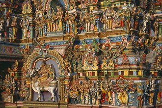 INDIA, Tamil Nadu, Madurai , Sri Meenakshi Temple multi coloured carvings