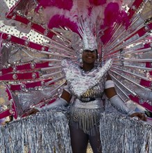 WEST INDIES, Trinidad, Carnival, Performer in pink and silver costume.