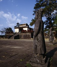 VIETNAM, Central, Hue, "Ming Mang's Mausoleum, stone statues in paved forecourt, steps "