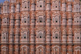INDIA, Rajasthan, Jaipur, "Hawa Mahal or Palace of the Winds, constructed in 1799.  Cropped view of