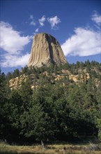 USA, Wyoming, Devils Tower, National Monument seen towering above trees in the foreground