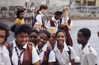 BARBADOS, Children, Groups, Children Leaving the school playground to go home